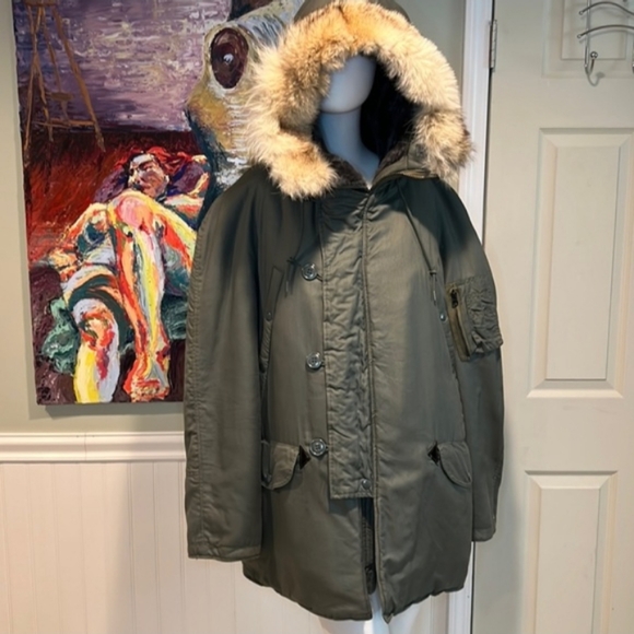 Vintage Green Military Flight Hooded Parka with Real Fur Hood Trim M - Picture 8 of 13